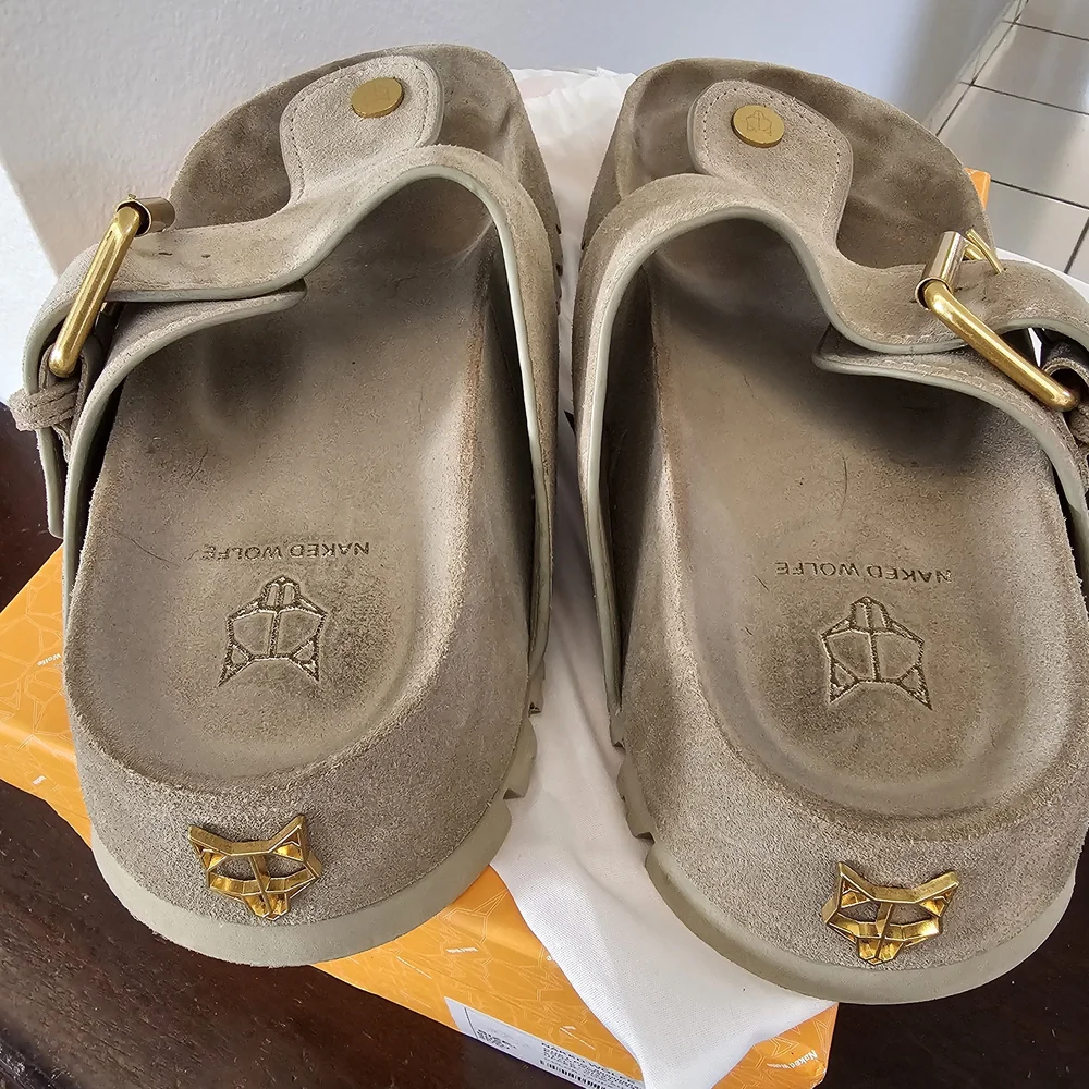 Naked Wolfe Vixen Taupe Suede Sandals with Gold Buckle - Picture 4 of 6